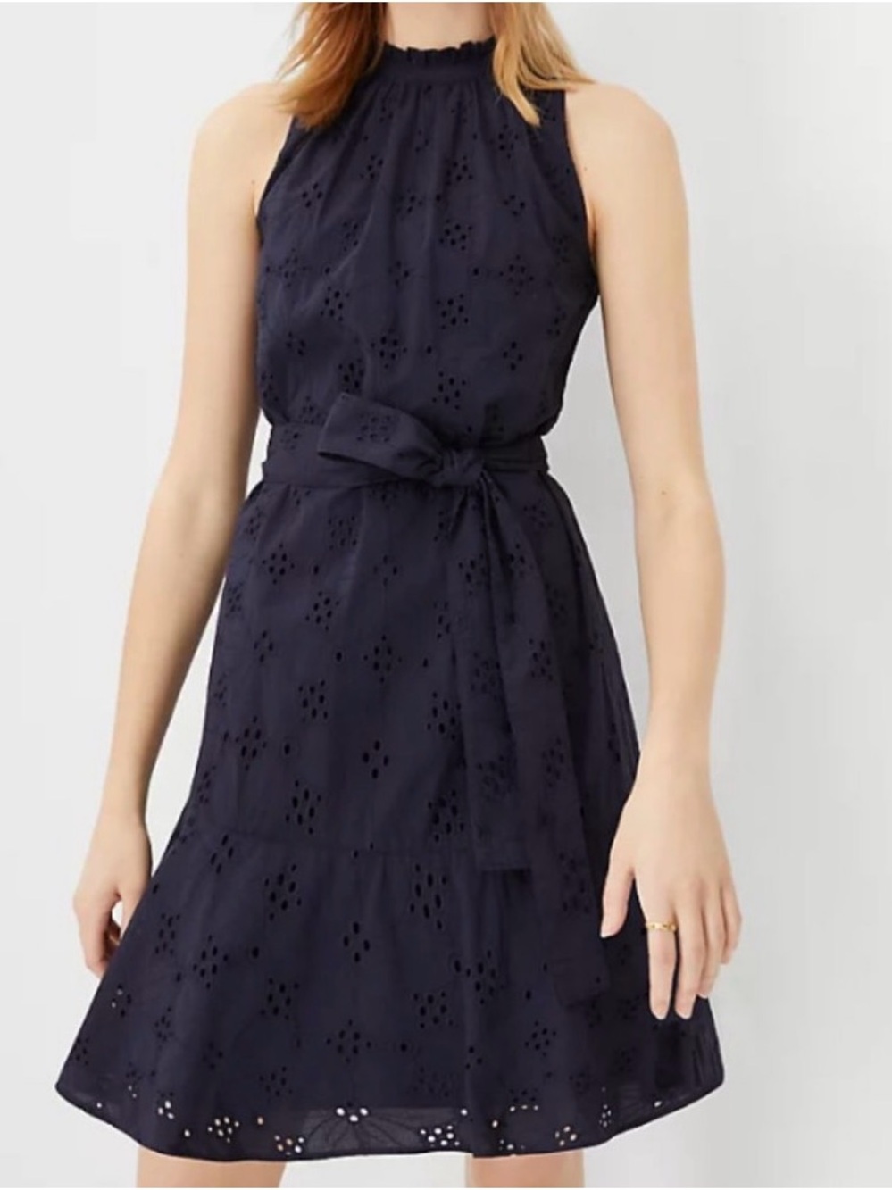 Ann Taylor Navy Eyelet Mock Neck Belted Flare Dress size 6